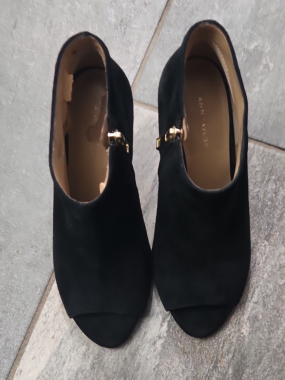 Anne Klein Black Suede Peep-Toe Mules with Gold Buckle Accent